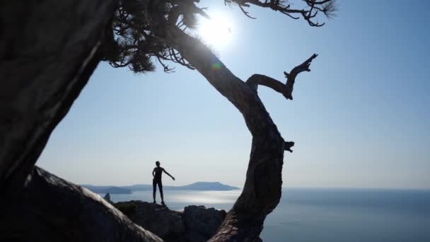 Sporty woman stands on top of a cliff and enjoys the scenery of the sea and the blinding bright sun in clear blue sky in slow motion. Young athletic girl waves the sun and enjoys the beautiful view — 비디오