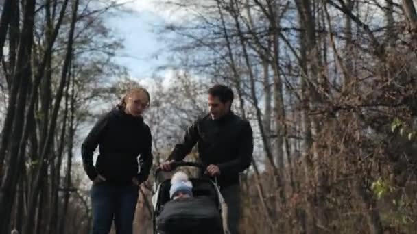 快乐的家庭滑旱冰，抱着婴儿车，慢镜头自上而下拍摄。秋城公园里，在阳光明媚的树间，男人和女人坐在溜冰鞋上散步，真可爱. — 图库视频影像