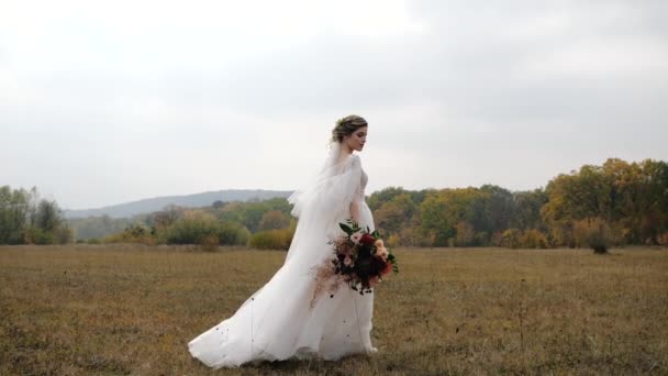 Nádherná veselá nevěsta se svatební kyticí procházky v pomalém pohybu podél fantastické podzimní louky proti barevné lesa a krásné krajiny přírody. Okouzlující stylová nevěsta v dlouhých šatech na poli. — Stock video