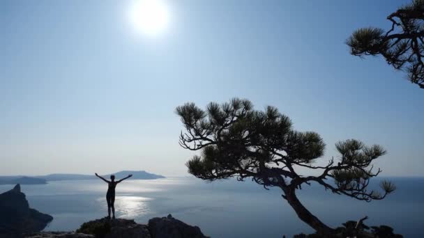 Une jeune touriste observe une belle vue depuis le sommet de la montagne, lève les mains et s'étire. Fille sportive grimpé au sommet de la falaise et admire la vue sur le soleil et la mer . — Video