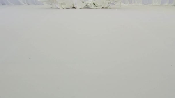 Hermosa corona grande y acogedora para la boda, bajo la cual se convierten la novia y el novio, y se lleva a cabo la ceremonia de la boda. Amplia y espaciosa sala de bodas blanca con sillas blancas para invitados. Fiesta de bodas — Vídeos de Stock