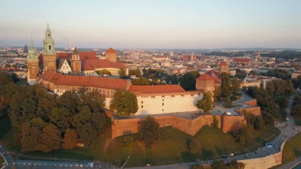 Letecký pohled na královskou katedrálu a hrad v Krakově v Polsku s řekou Visula, parkem, dvorem a turisty při západu slunce. Staré město na pozadí — Stock video