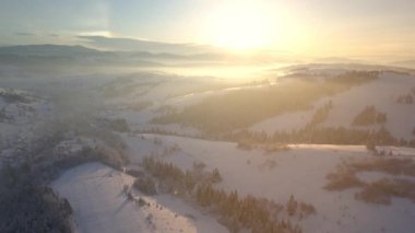 Top view of the stunning Carpathian mountains, covered with piles of snow on a sunny day. Delightful nature of western Ukraine in flight. Carpathian forests with trees and houses on which snow lies.