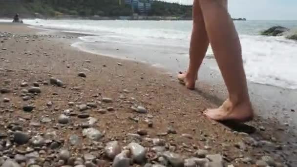 De belles pattes féminines minces longent le rivage sablonneux avec des cailloux le long de la côte de la mer. Les pieds féminins sexy marchent le long du rivage. Femme marchant sur la plage tropicale en petites vagues bleues de l'océan . — Video