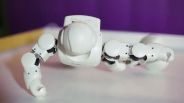 Kharkiv, Ukrayna - 09 Kasım 2019: Fütürist insansı oyuncak erkek robot çıkarıldı. Robotların sergisi. Robot Ubtech 'ten gerçekçi insan hareketleri. Gelecek konsepti, yeni teknolojiler.