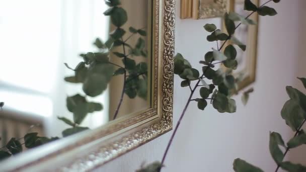 Caule de buquê de flores com folhas reflete-se no espelho contra o fundo da armação com o retrato no qual o homem é representado. Vista próxima da planta em pé no pedestal perto do espelho . — Vídeo de Stock