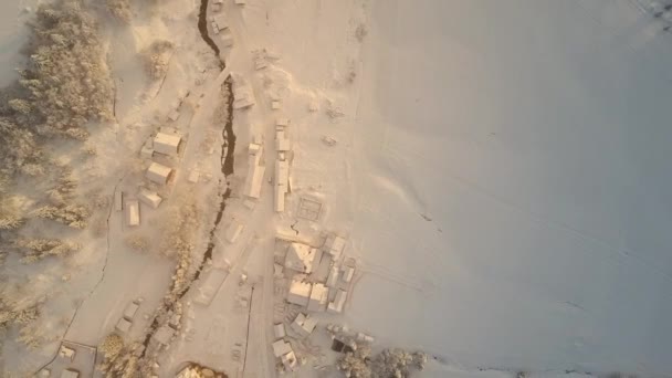 Beautiful snow-covered houses of a small town shot from above, located in the Carpathians, Ukraine. Trees and roofs of houses in the snow, top view. Unusual nature of the famous Carpathians in winter. — Stock Video