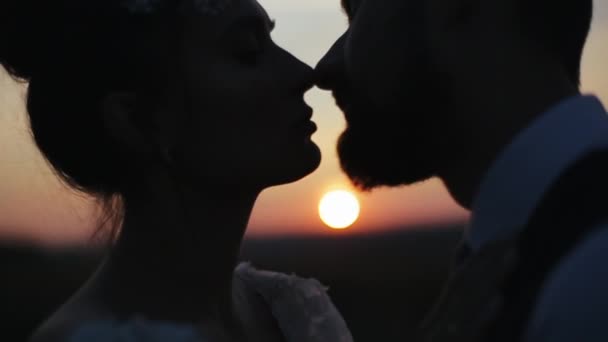 Beijo romântico de par de casamento jovem no campo deserto contra o pano de fundo do pôr do sol. Bela noiva no vestido de noiva beijos com noivo barbudo em um terno na natureza contra o fundo do sol . — Vídeo de Stock