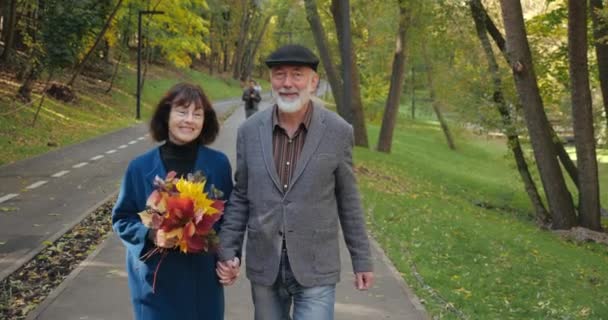Morning walk along the park alley of cheerful laughing elderly couple. Shooting near smiling pensioners of bearded husband and wife with a bouquet of leaves spending active leisure outside in fall. — Stock Video