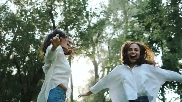 Bahar günü fotoğraf çekimi yapan iki güzel genç bayanın yakın görüntüsü. İki mutlu kız arkadaş dans ediyor ve çimlerin üzerinde zıplıyor, güneşli bir günde kameraya poz veriyorlar.. — Stok video