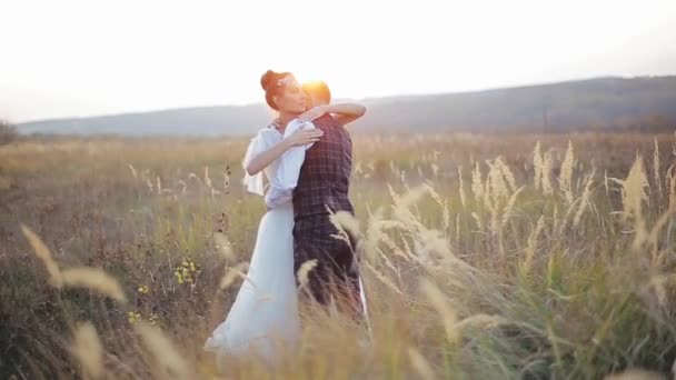 Disparos de feliz joven pareja de boda caucásica que se abraza y besa en un campo de espiguillas desiertas en un cálido día de otoño contra el telón de fondo de la puesta de sol. Luna de miel de los recién casados en la naturaleza . — Vídeos de Stock