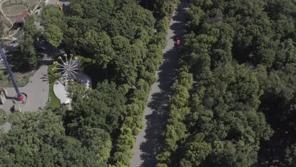 Vue aérienne circulaire de la ruelle centrale de Gorky Park avec de nombreux arbres travaillant promenades par temps ensoleillé de printemps, Kharkov, Ukraine. Vue de dessus avec parc d'attractions et de loisirs quadcopter et route avec arbres 