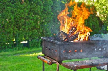 Bir barbekü ızgara yanan odun. Yeşil çim ve ağaçların içinde belgili tanımlık geçmiş.
