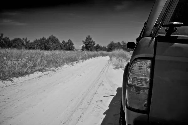 Road trip. Black and white. Pickup truck parked on the side of a dirt road. Grass and trees seen in background.