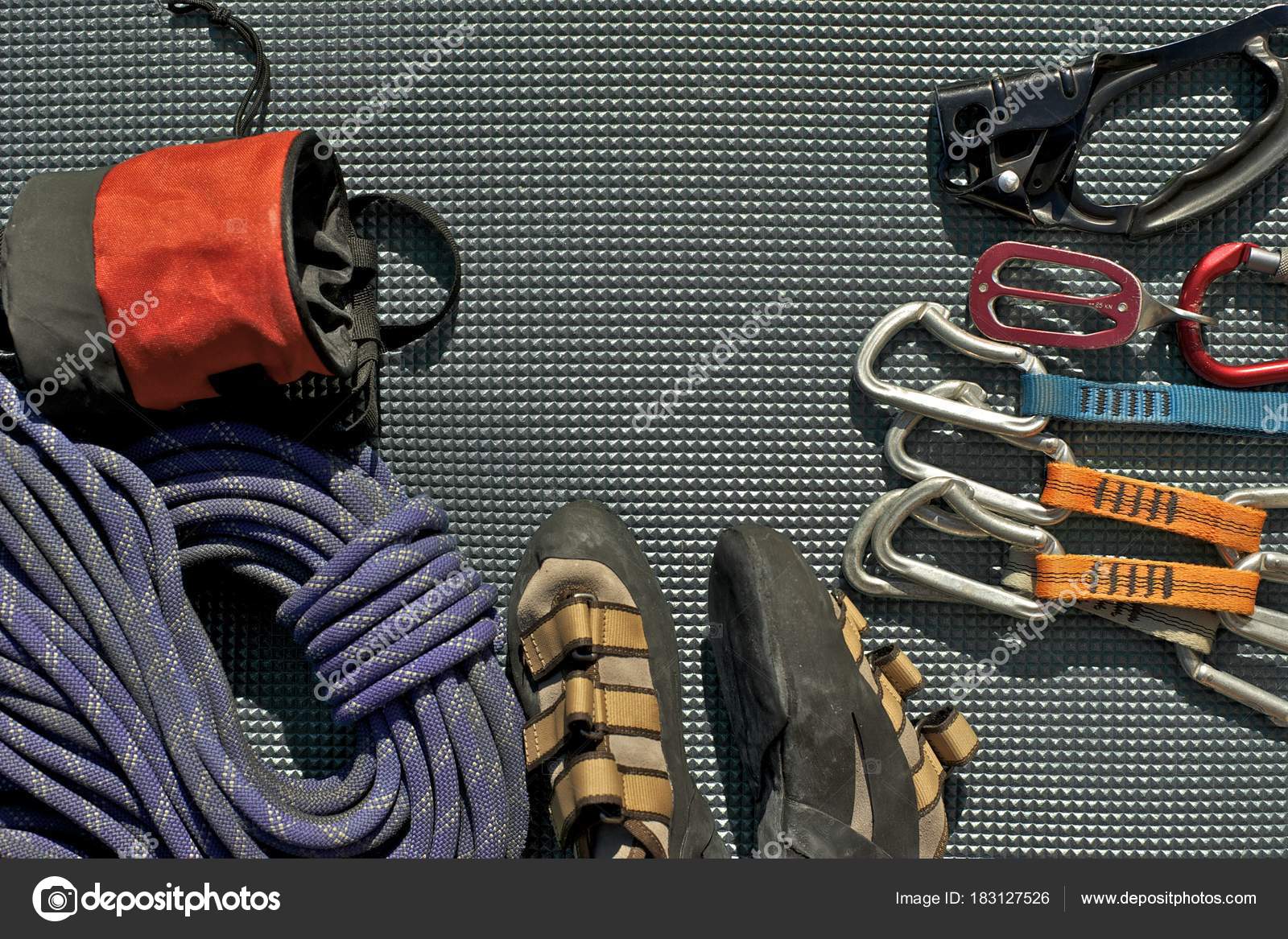 Top View Rock Climbing Equipment Grey Mat Chalk Bag Rope ⬇ Stock Photo ...