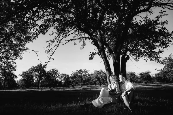 一对美丽的情侣正在城市外休息 坐在花园的大树旁微笑 黑白照片 — 图库照片
