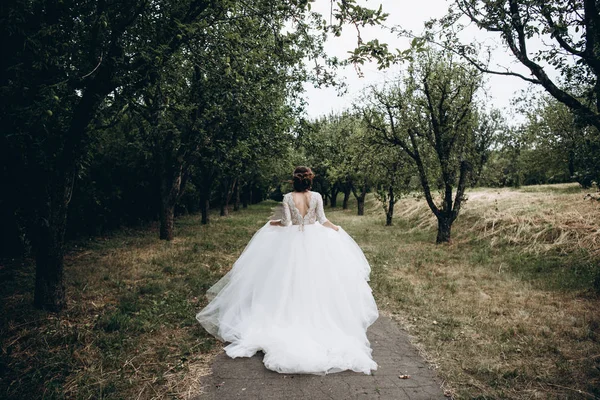 Bride Very Beautiful Wedding Dress Walking Garden Her Wedding Day — Stock Photo, Image