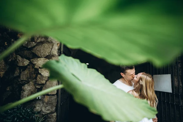 Loving Couple Kiss Walk Streets Beautiful Italy Positano — Stock Photo, Image