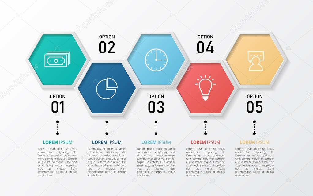 Hexagon infographic design template. Can be used for business, education, web design, banners, brochures, flyers. Vector illustration.