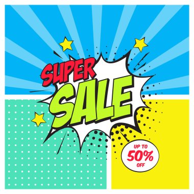 Satış Banner şablon tasarımı. Satış ve indirim. Pop sanat tarzı. Vektör çizim