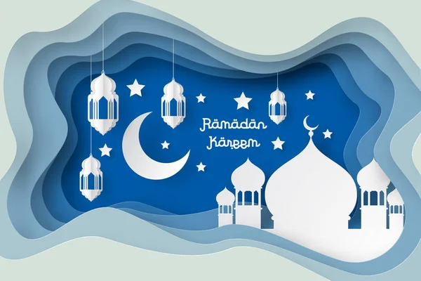 Ramadan Kareem Design Fundo Com Lanterna Lua Estrela Arte Papel — Vetor de Stock