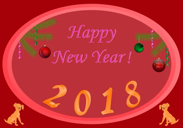 Yeni yıl 2018 kırmızı arka plan yeşil topu Noel ağacı dalı