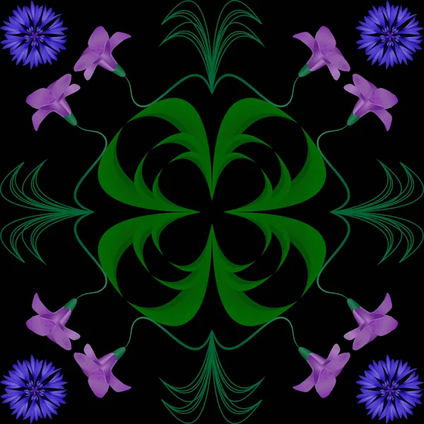 Motif abstraction fleurs bleu violet vert noir — Image vectorielle