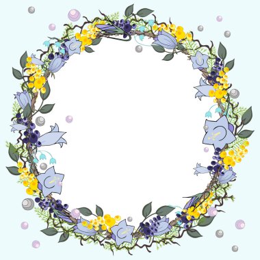 Bahar öğelerine kontur mavi çiçekler ve bitkiler.