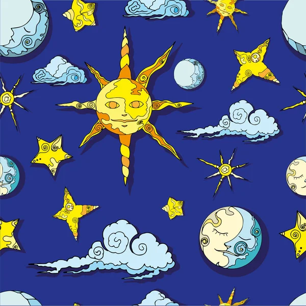 Sun and moon vector seamless pattern with stars