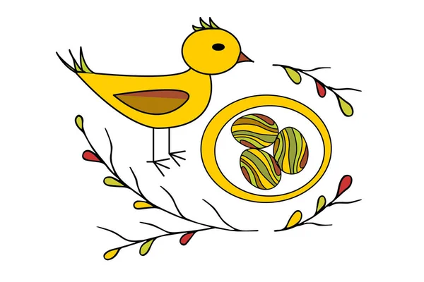 Pták Hnízdě Vejci Vektorové Ilustrace Velikonoční Vajíčka Abstraktní Ornamenty — Stockový vektor