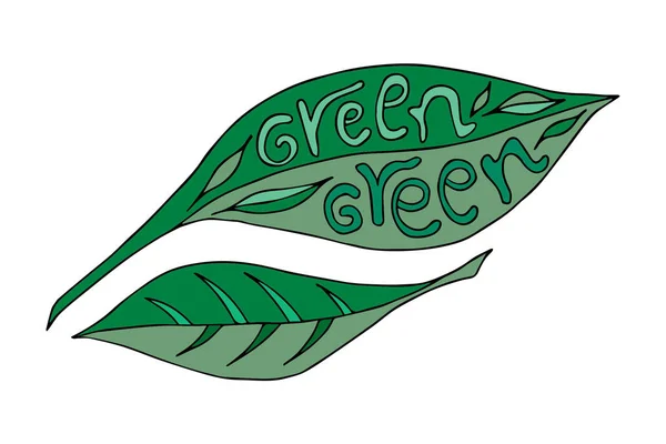 Liść Zielony Napisem Zielony Odcień Zieleni Ochrony Przyrody Ilustracja Wektorowa — Wektor stockowy