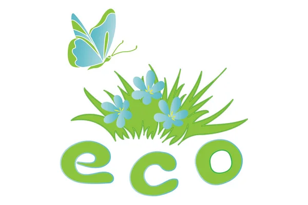Motyl Lecący Niebieskie Kwiaty Zielonej Trawie Napis Eco Logo Pocztówka — Wektor stockowy