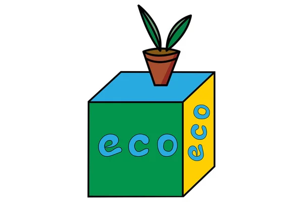 Cubo Color Con Inscripción Eco Una Planta Una Olla — Archivo Imágenes Vectoriales