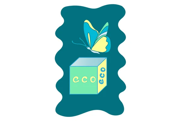 Cubo Color Con Inscripción Eco Mariposa Fondo Azul Abstracto — Vector de stock