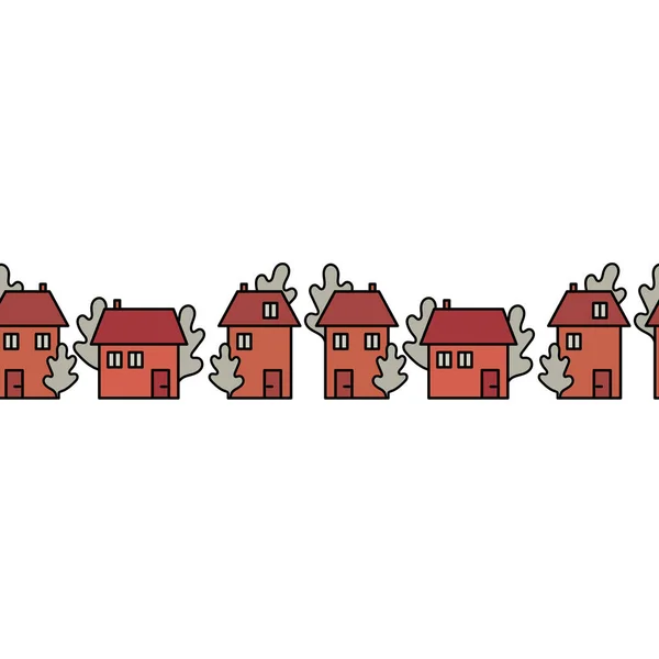 Vector seamless border. Cute houses with red roofs, stylized trees. — Stock Vector