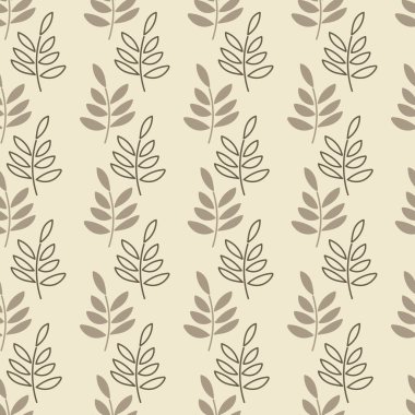 Kusursuz bir arka plan. Yapraklı, siluetli ve hatlı basit dallardan oluşan dikey çizgiler. Tekstil, duvar kağıdı ve diğer şeyler için uygun