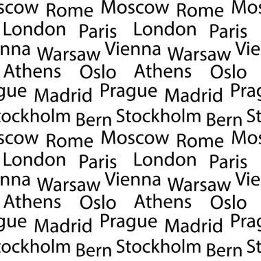 Avrupa şehirlerinin isimleriyle kusursuz vektör arkaplanı. Beyaz arkaplanda siyah yazı tipi.