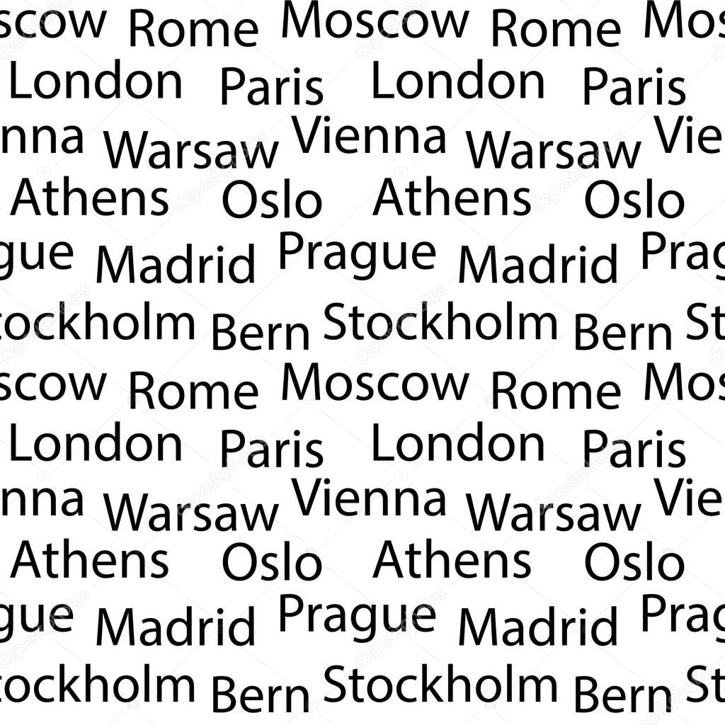 Seamless vector background with names of European cities . Black font on white background.