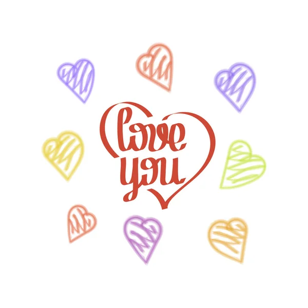 Love you , color hearts . Hand writing Vector Vector hand drawn illustration on white background. — 图库矢量图片