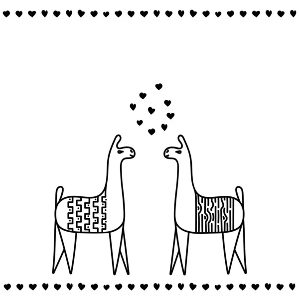 Deux alpagas ou lamas amoureux, cœurs, dessin à la main. Conception vectorielle pour cartes de vœux, invitations, affiches, espace texte  . — Image vectorielle