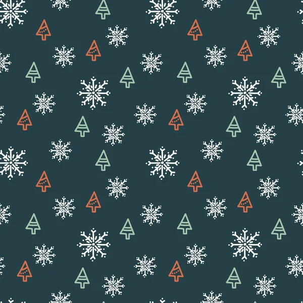 Sněhové vločky a vánoční stromeček. Ručně kreslený vektor Bezešvé pozadí, zimní dovolená téma — Stockový vektor