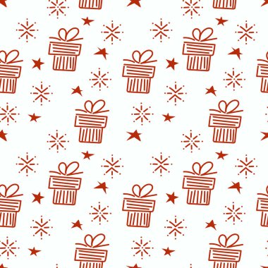 Noel hediyeleri, yıldızlar, kar taneleri olan kusursuz bir arka plan..