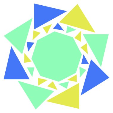 Tasarım için soyut geometrik arkaplan dokusu. Üç renkli büyük ve küçük üçgenler bir çiçekte toplanır..