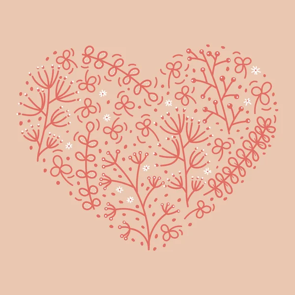 A forma do coração é preenchida com doodles de flores, plantas estilizadas, pontos . — Vetor de Stock