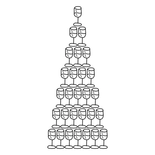 Piramida kieliszków do szampana, ręcznie rysowany wektor ilustracji. Szablon do projektowania kart świątecznych, zaproszeń, plakatów i innych. — Wektor stockowy