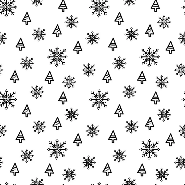 Doodle snowflakes and Christmas tree . Hand drawn Vector Seamless background, winter holiday theme — Stock Vector
