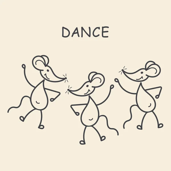 マウスパーティー、手描きベクトルイラスト。楽しい小さなマウスが踊っている、音楽 — ストックベクタ