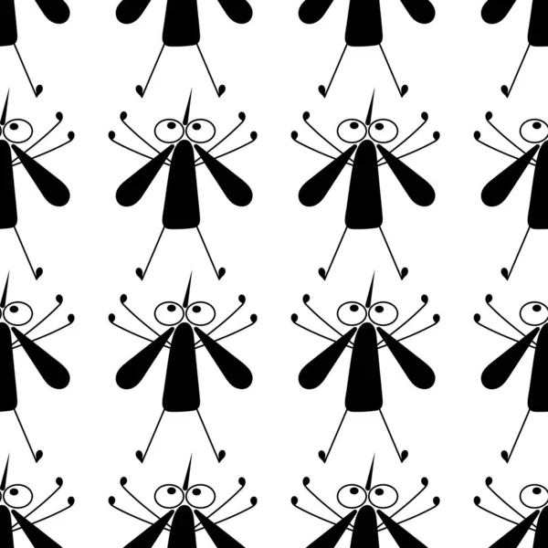 Modèle sans couture vectoriel de moustiques volants. Un troupeau d'insectes mignons. Noir et blanc — Image vectorielle