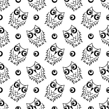 Şirin baykuşları olan kusursuz bir model. Grafikler, monokrom baskısı. Tarz grafik tasarımı