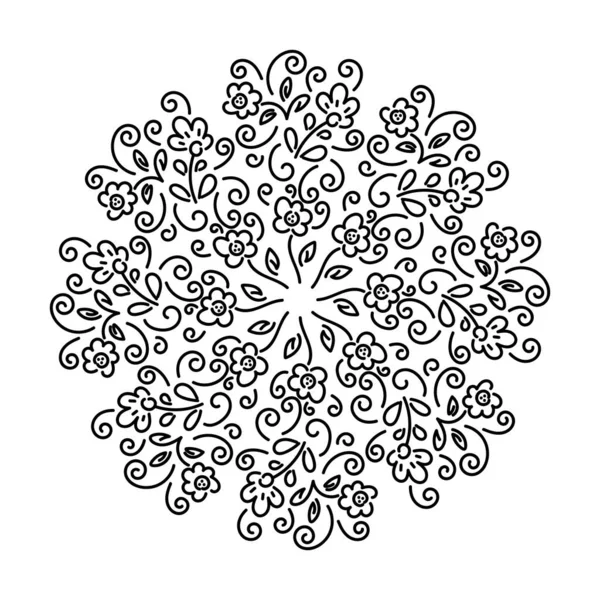 Mandala en forma de flor vectorial, ilustración dibujada a mano, blanco sobre rosa, adorno floral círculo — Vector de stock